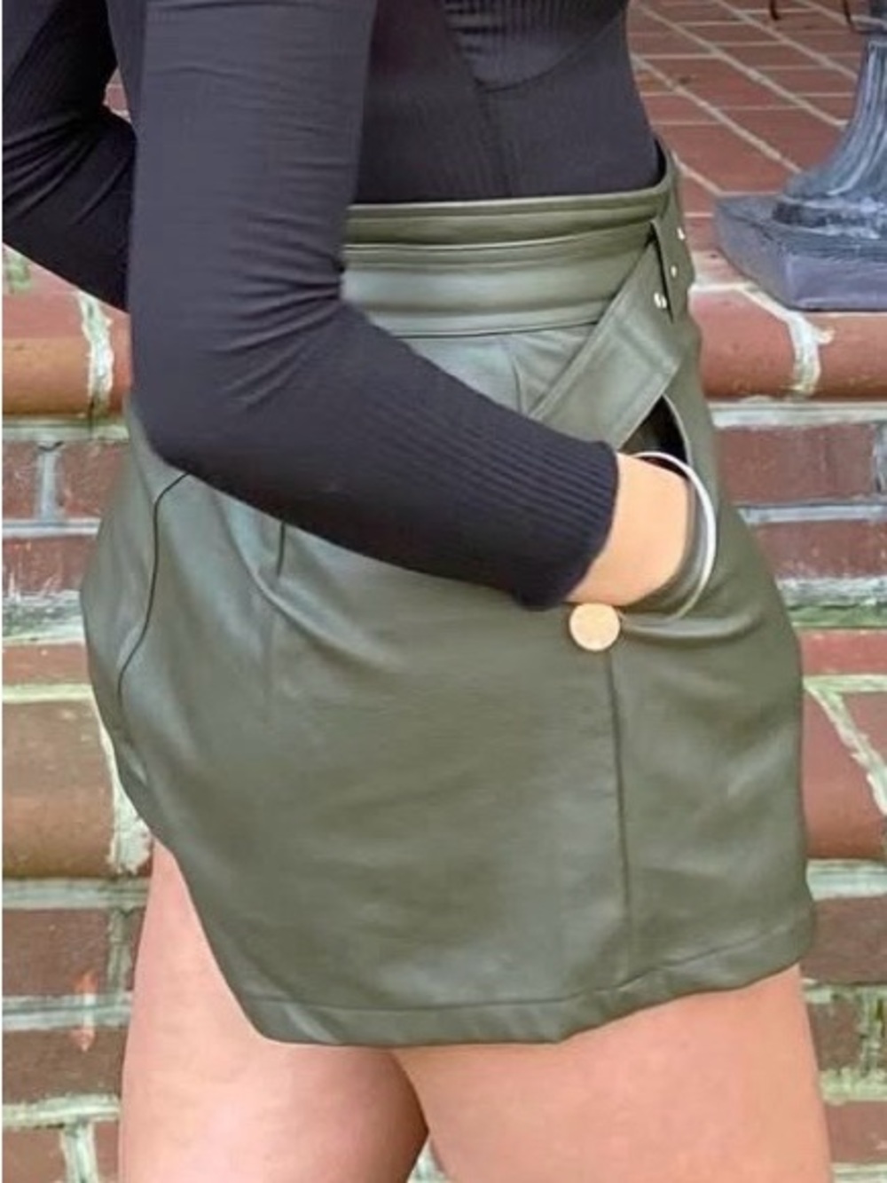 Altar'd State Olive Green High-Waist Faux Leather Belted Shorts
